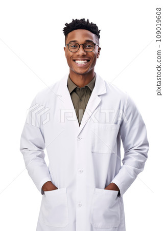 Confident African-American male doctor in glasses smiling. Generative AI 109019608