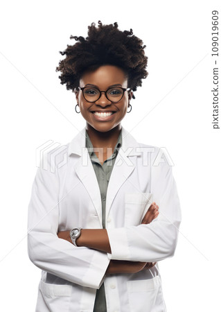 Confident African-American female doctor with curly hair and glasses smiling. Generative AI 109019609