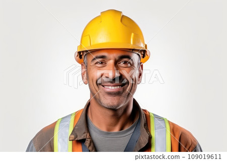 Middle-aged construction worker in yellow helmet smiling. Generative AI 109019611