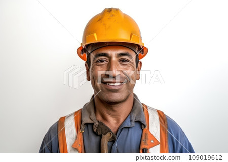 Middle-aged construction worker in yellow helmet smiling. Generative AI 109019612