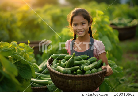 Smiling Asian girl holding a basket of cucumbers in a lush vegetable garden. Generative AI 109019662