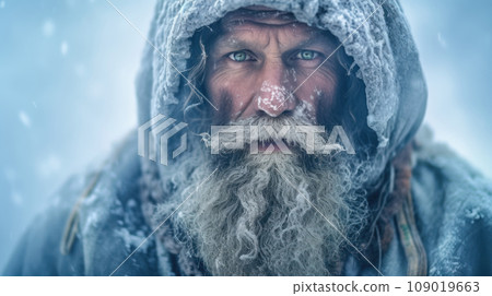 bearded elderly man in a snowy winter environment. Generative AI 109019663