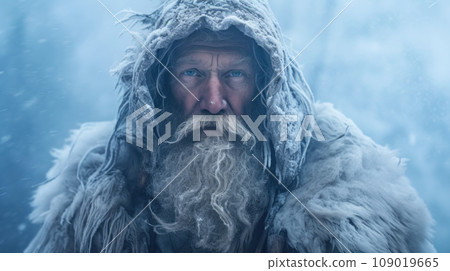 bearded elderly man in a snowy winter environment. Generative AI 109019665