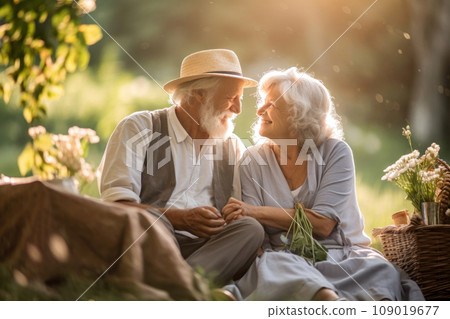 Joyful Elderly Couple on a Sunny Picnic Day. Generative AI 109019677