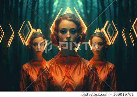 Triple Reflection of Woman in Bioluminescent Corridor. Generative AI 109019701
