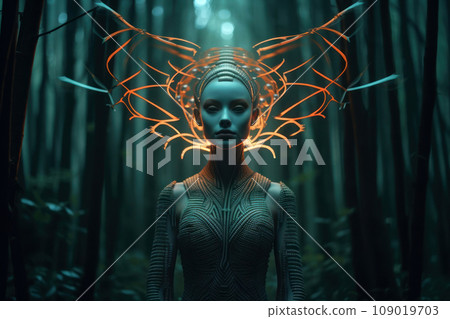 Mystical Forest Nymph with Luminous Headdress. Generative AI 109019703
