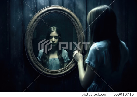 Haunting Reflection of Solitary Girl. Generative AI 109019719