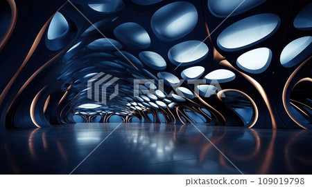 Modern architecture. Futuristic design with holes and wavy shapes. Blue color. Ai generated art. Modern architecture. Futuristic design with holes and wavy shapes. Blue color. Ai generated art. 109019798