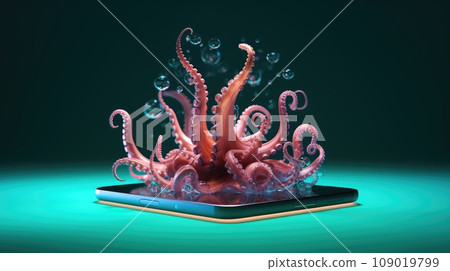 Orange colored octopus with bubbles sticking out tablet screen over green background. Marine life. Ai generated art Orange colored octopus with bubbles sticking out tablet screen over green background. Marine life. Ai generated art 109019799