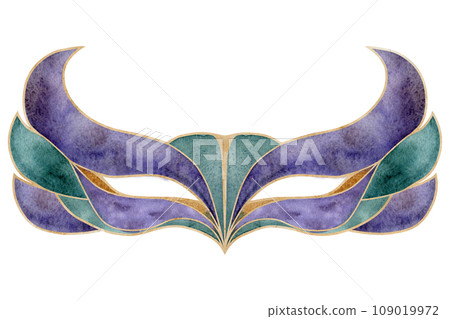 Hand drawn watercolor Mardi Gras carnival symbols. Theater masquerade circus mask domino, gold purple green. Single object isolated on white background. Design party invitation, print, shop, festival 109019972