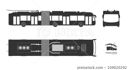 Isolated trolleybus drawing. Black silhouette of industrial transport. Side, front view of electricity vehicle. Trolley bus template Isolated trolleybus drawing. Black silhouette of industrial transport. Side, front view of electricity vehicle. Trolley bus template 109020292