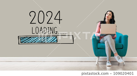 Loading new year 2024 with woman using a laptop 109020401