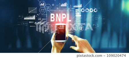 BNPL - Buy Now Pay Later theme with person using smartphone BNPL - Buy Now Pay Later theme with person using smartphone 109020474