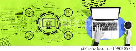 Cryptocurrency fintech theme with person using a laptop 109020576