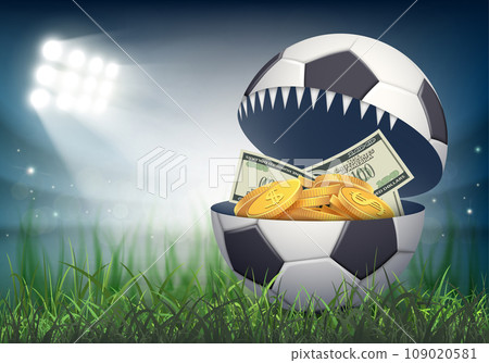 Paper money and gold coins inside a soccer ball. Paper money and gold coins inside a soccer ball. 109020581