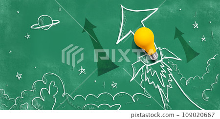 Idea light bulb flying to the sky like a rocket with arrows 109020667