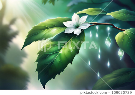 Nature background with green leaves and white flower. Generative AI 109020729