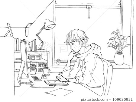 插畫家在電腦上繪圖的插圖（線圖） 109020931