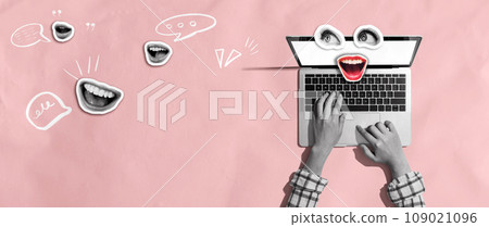 Person using a laptop computer with eyes and mouth - Photo collage 109021096