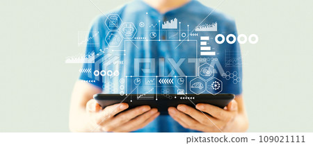 Industry 4.0 theme with man using a tablet Industry 4.0 theme with man using a tablet 109021111