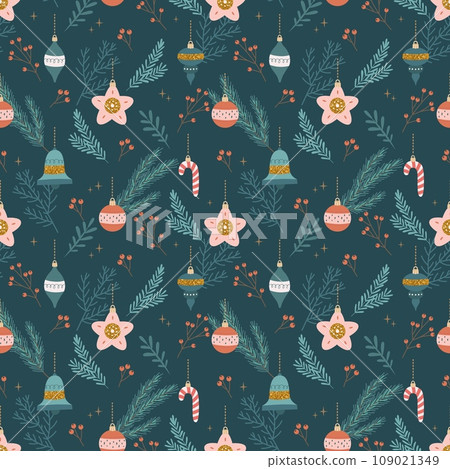 Christmas seamless pattern with tree decorations. Seasonal winter design. Cute vector illustration in flat cartoon style Christmas seamless pattern with tree decorations. Seasonal winter design. Cute vector illustration in flat cartoon style 109021349
