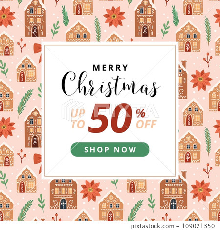 Christmas sale banner with cute gingerbread houses. Seasonal winter design. Cute vector illustration in flat cartoon style 109021350