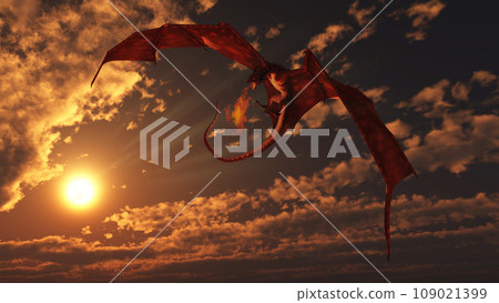 Red Dragon Attacking from a Bright Sunset Sky Red Dragon Attacking from a Bright Sunset Sky 109021399