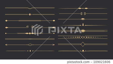 Text devider set, gold line minimal separators, elegant doodlle borders, decorative elements isolated on dark background. 109021606