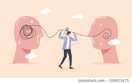 Solve of problems. Communication for success, connect idea. onfused, tangled situation is solved. 109021675