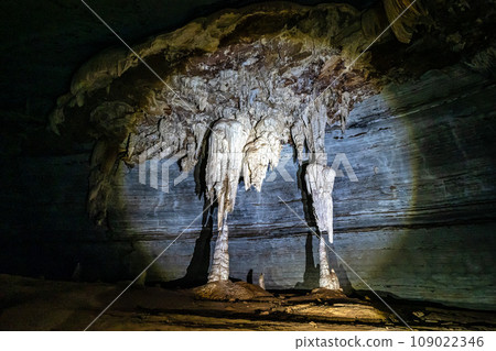 Limestone cave of stalactite and stalagmite formations, Gruta da Lapa Doce Cave, Chapada Diamantina in Bahia, Brazil. Limestone cave of stalactite and stalagmite formations, Gruta da Lapa Doce Cave, Chapada Diamantina in Bahia, Brazil. 109022346