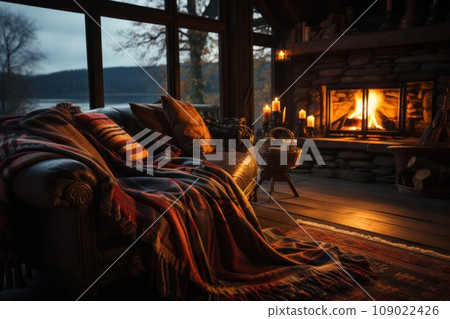 A cozy cabin interior with a roaring fireplace, soft blankets, and a hot cup of tea A cozy cabin interior with a roaring fireplace, soft blankets, and a hot cup of tea 109022426