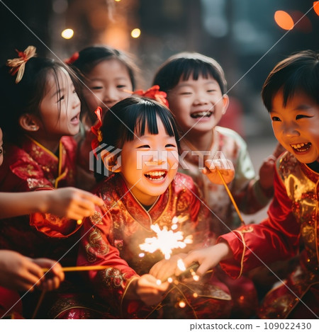 A group of smiling children wearing traditional Chinese costumes while playing with sparklers 109022430
