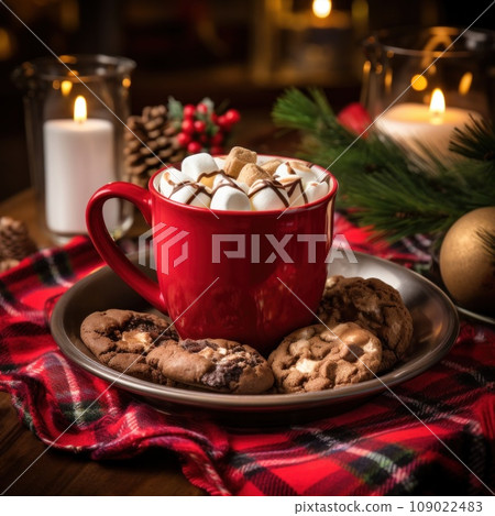 A cozy Christmas scene with a plaid blanket, a mug of hot cocoa, and a plate of Christmas cookies 109022483