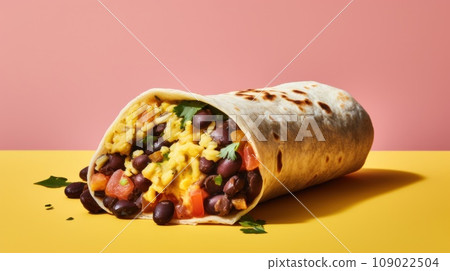 A breakfast burrito filled with scrambled eggs, black beans, cheese, and salsa 109022504