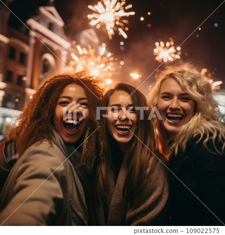 A fun and playful photo of a group of friends watching fireworks in the city 109022575