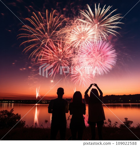 A colorful photo of fireworks bursting in the sky, with a silhouette of people watching in the foreground A colorful photo of fireworks bursting in the sky, with a silhouette of people watching in the foreground 109022588
