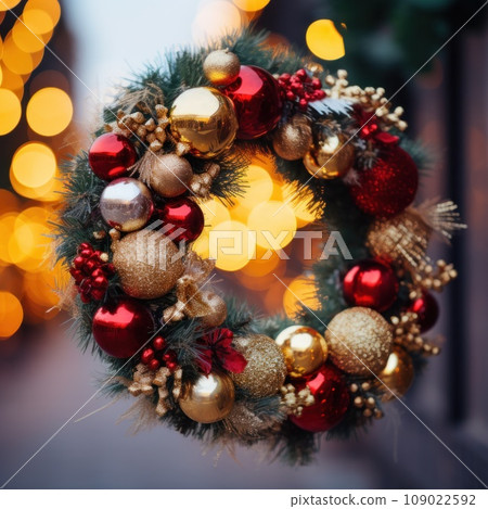 a beautifully decorated Christmas wreath with red and gold ornaments, a beautifully decorated Christmas wreath with red and gold ornaments, 109022592