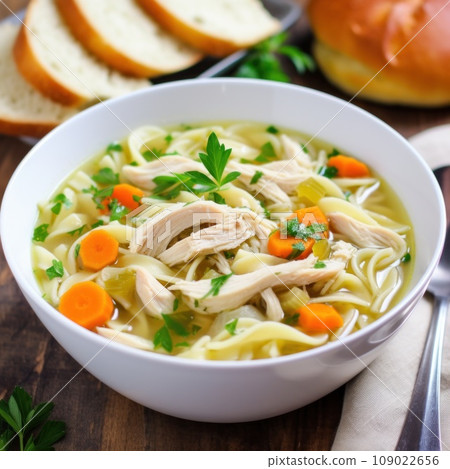 A classic chicken noodle soup with tender chunks of chicken 109022656