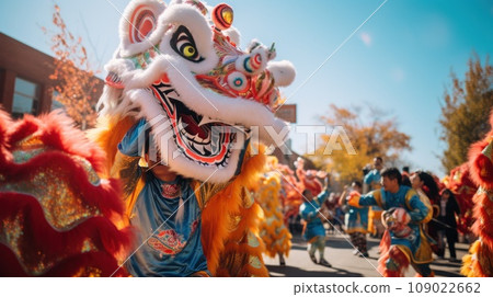 A colorful parade featuring dragon dancers, lion dancers 109022662