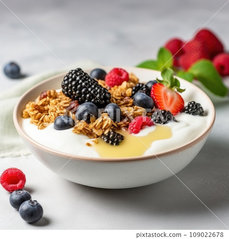 A bowl of Greek yogurt topped with granola, mixed berries, and a drizzle of honey 109022678
