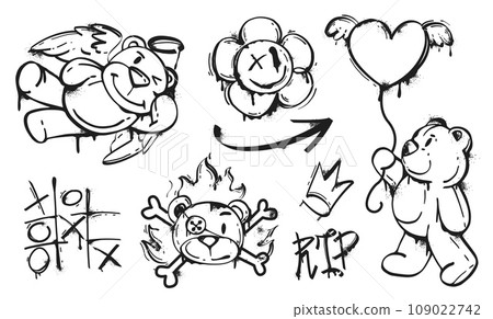 Black paint spray graffiti with teddy bears, crown and smiley face flower Black paint spray graffiti with teddy bears, crown and smiley face flower 109022742