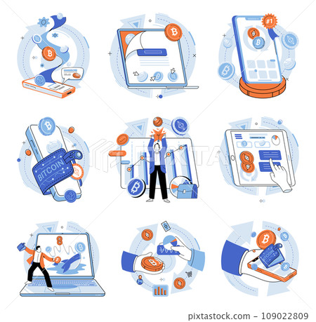 Bitcoin vector illustration. Investment in cryptocurrency offers new opportunities for diversifying ones portfolio Cash transactions are being replaced by digital payments facilitated by blockchain Bitcoin vector illustration. Investment in cryptocurrency offers new opportunities for diversifying ones portfolio Cash transactions are being replaced by digital payments facilitated by blockchain 109022809