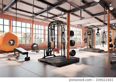 Interior of a fitness hall with gym equipment. 3D rendering. Generative AI Interior of a fitness hall with gym equipment. 3D rendering. Generative AI 109022881
