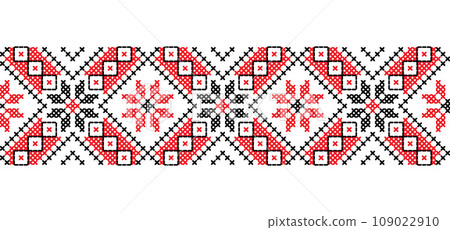 Ukrainian embroidery pattern for textile, fabric, cloth. Vector seamless pattern, print. Ukrainian folk embroidery, ethnic ornament. Pixel art, vyshyvanka, cross stitch 109022910