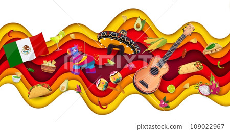 Viva Mexico paper cut waves. Mexican guitar and sombrero, pinata and national cuisine food vector banner with 3d layered papercut borders, holiday maracas, flag, tex mex taco, burrito and chili 109022967