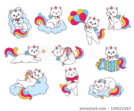 Cute cartoon caticorn characters, funny cute kitty cat unicorns, vector kid animals. Cheerful rainbow caticorn kitty on cloud with balloons in birthday gift box with ice cream and magic wand Cute cartoon caticorn characters, funny cute kitty cat unicorns, vector kid animals. Cheerful rainbow caticorn kitty on cloud with balloons in birthday gift box with ice cream and magic wand 109022983