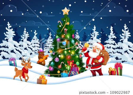 Christmas paper cut winter forest landscape with Santa, pine tree and cartoon animals reindeer and bear. Vector greeting card with Father Noel with jingle bell, 3d layered snowdrifts in night wood 109022987