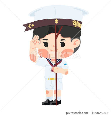 boy scout thai  holding pole yelling cartoon 109023025