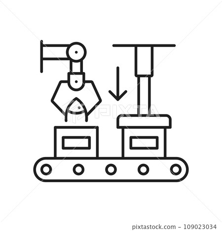 Manufacture line icon. Manufacturing of ready-made fish products. Packing in paper boxes. Vector fishing industry equipment Manufacture line icon. Manufacturing of ready-made fish products. Packing in paper boxes. Vector fishing industry equipment 109023034