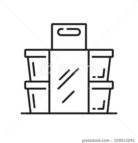 Outline package icon, plastic food containers line art icons. Vector food storage boxes, fastfood delivery lunch boxes mockup template Outline package icon, plastic food containers line art icons. Vector food storage boxes, fastfood delivery lunch boxes mockup template 109023042